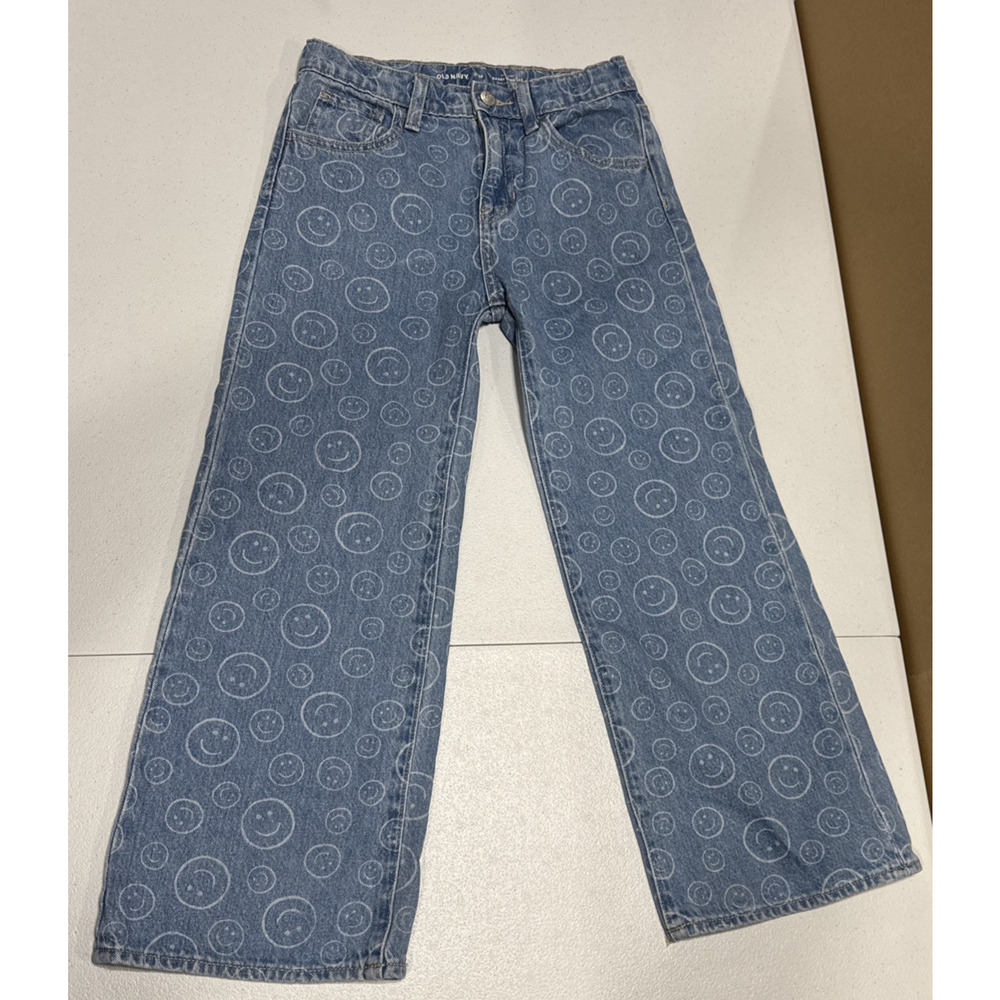 Old Navy Baggy Jeans Girls 10 Smiley Face Print Wide-Leg High Rise Denim
